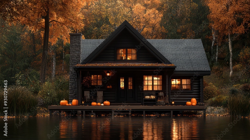 Poster a house with a porch and a dock. the porch has a few chairs and a bench. the house is surrounded by 