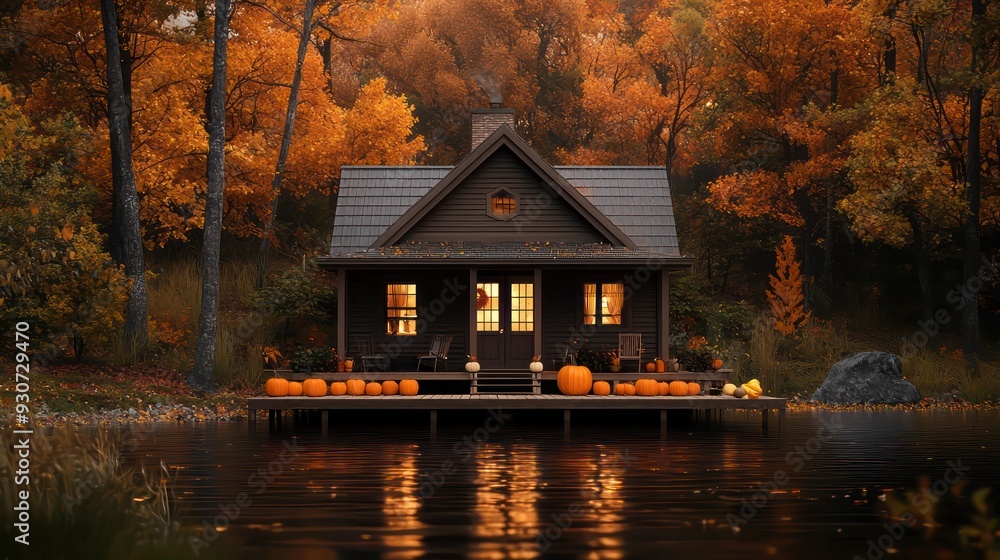 Poster a small house with a porch and a dock. the house is surrounded by trees and there are pumpkins on th