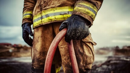 Obraz premium Intense Close-Up: Firefighter's Hands Holding Equipment During Rescue Mission
