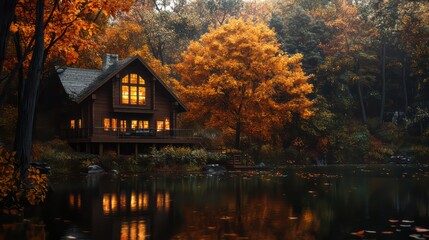 Fototapeta premium A house with a porch and a lake in the background. The house is surrounded by trees and the lake is full of leaves