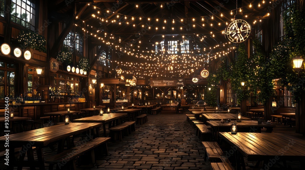 Poster A large room with tables and benches, lit up with lights. Scene is warm and inviting