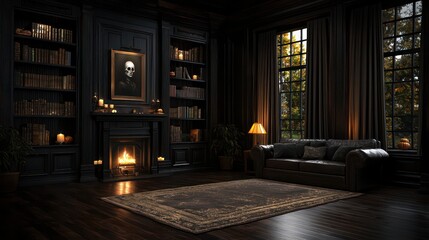 A dark room with a fireplace and a skull painting on the wall. The room is filled with books and a couch