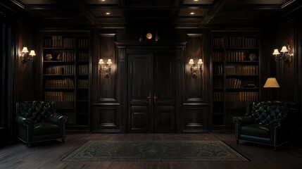 A dark room with a large bookcase and two black leather chairs. The room is dimly lit, giving it a mysterious and intimate atmosphere