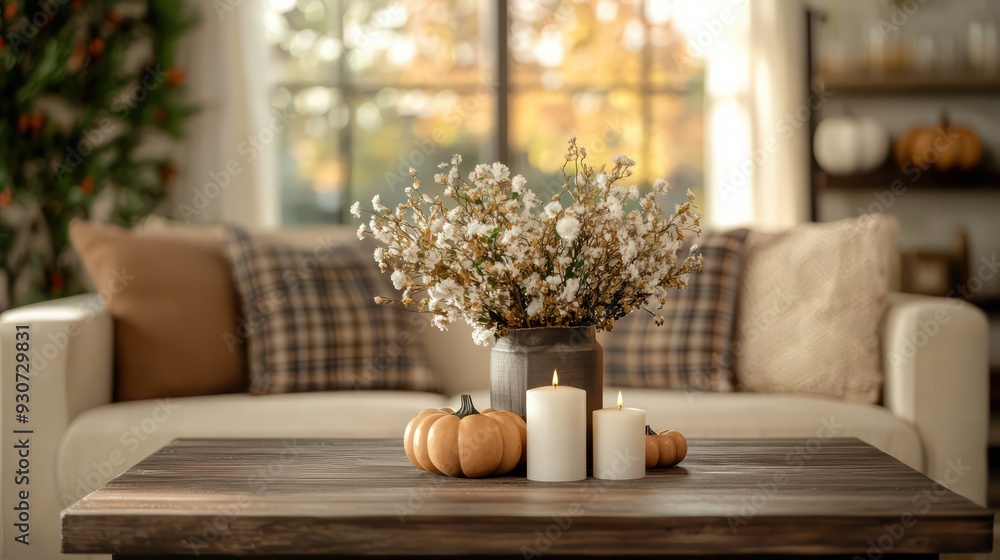 Poster a table with a vase of flowers and candles on it. the table is in a living room with a couch and a w