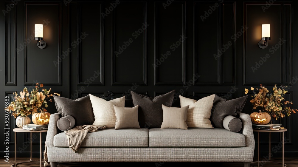Poster a black couch with pillows and a pumpkin on it. the couch is in a room with two light fixtures