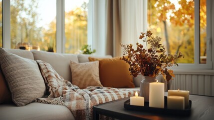Fototapeta premium A living room with a couch, a coffee table, and a vase of flowers. The couch is covered with a blanket and there are several pillows on it