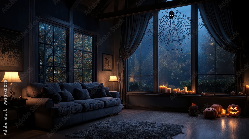 Poster a dark room with a spider web hanging from the window. the room is lit by candles and has a hallowee