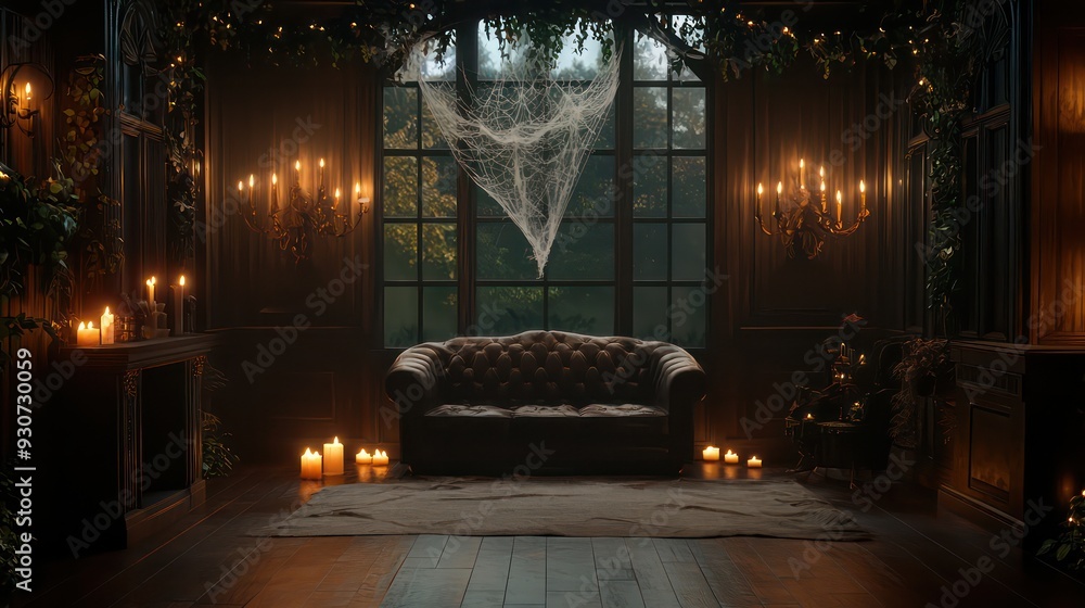Poster A dark room with a spider web on the window and a couch in the middle. The room is lit by candles and has a spooky atmosphere