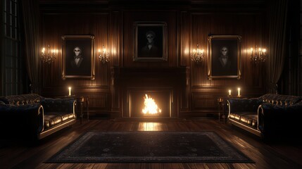A room with a fireplace and three portraits on the wall. The room is dimly lit and has a cozy atmosphere