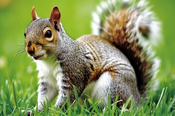 Fototapeta premium An image of squirrels frolicking and gathering acorns in a park, their agile movements and energetic interactions adding a touch of charm to the urban landscap