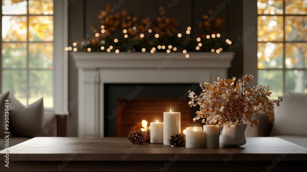 Poster a table with candles and a vase of flowers in front of a fireplace. the scene creates a warm and coz