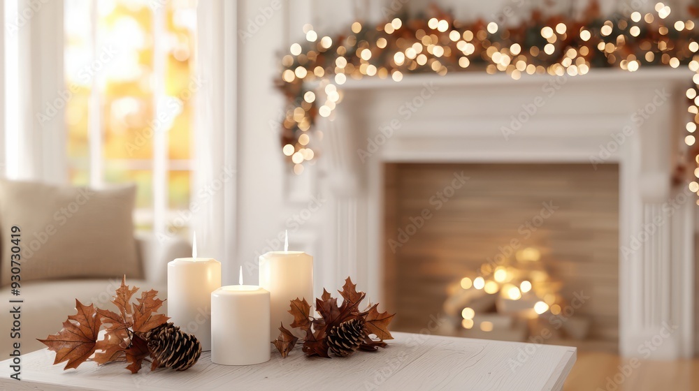 Poster a fireplace with a mantle and a table with candles and leaves on it. the room has a cozy and warm at