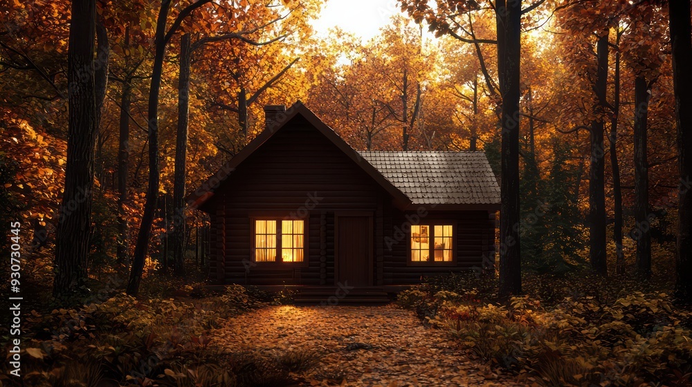 Poster a small log cabin in the woods with a warm glow from the sun. the cabin is surrounded by trees and t