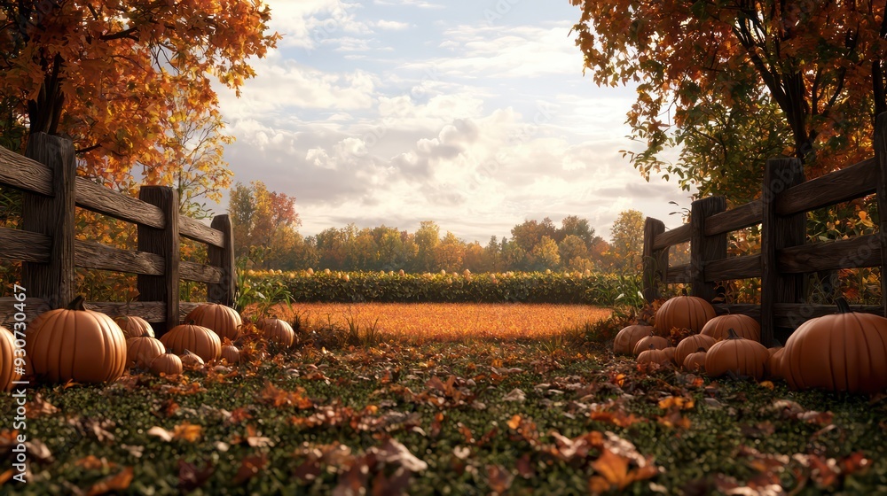 Poster a field of pumpkins and leaves with a wooden fence in the background. scene is warm and inviting, wi