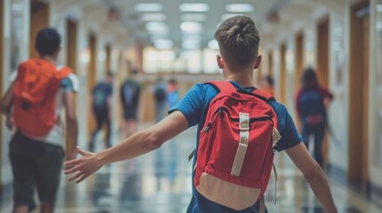Students with backpacks walk down a brightly lit school hallway, capturing a typical day in the life of young learners. Back view.