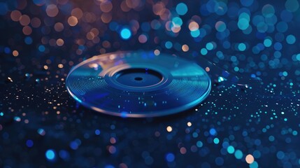 Compact disk on dark blue illuminated background with soft focus