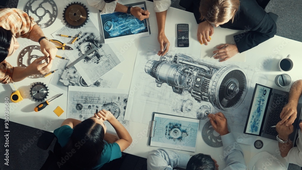 Aufkleber top down aerial view of smart engineer team working together to design turbine engine. professional 