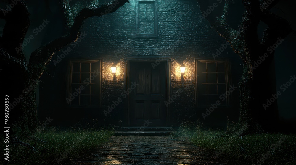 Poster a dark house with a door and windows. the house is surrounded by trees and it looks like it is in th