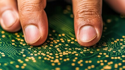 Close-up of fingers touching a green circuit board, showcasing intricate connections and technology.