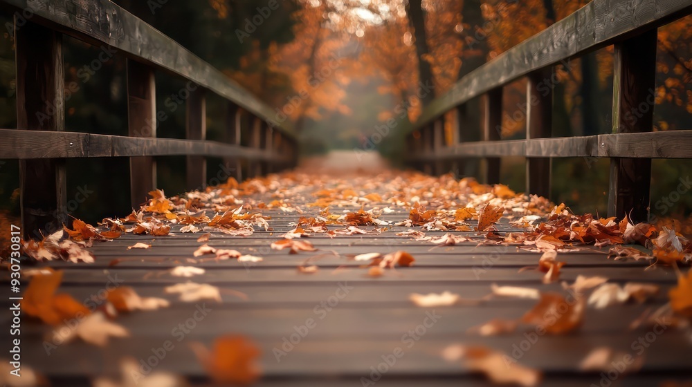 Poster a bridge with a wooden railing and leaves on the ground. the leaves are scattered all over the bridg