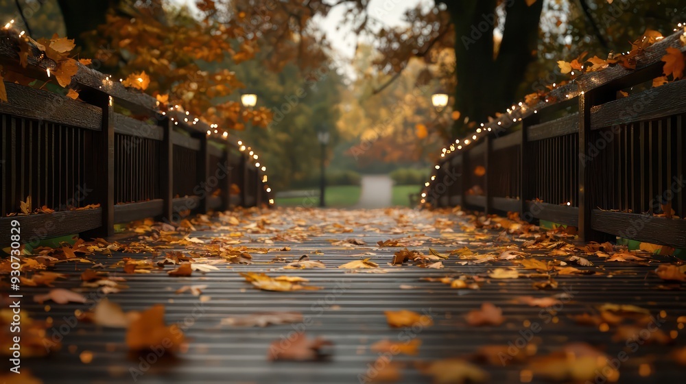 Aufkleber A bridge with a walkway covered in autumn leaves. The leaves are scattered across the walkway, creating a beautiful and serene atmosphere. The bridge is lit up with lights, adding a warm