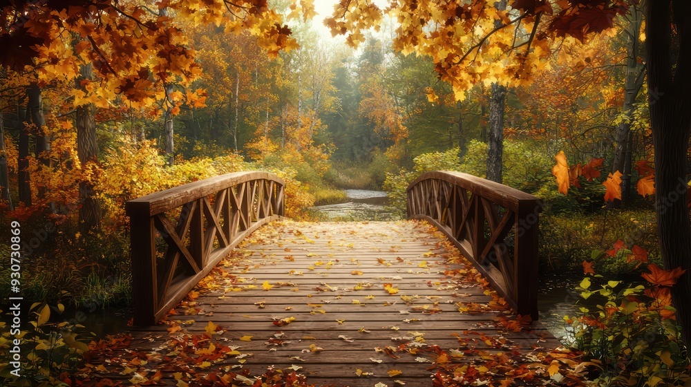 Poster a bridge over a river with a beautiful autumn scene. the leaves on the trees are changing colors, cr