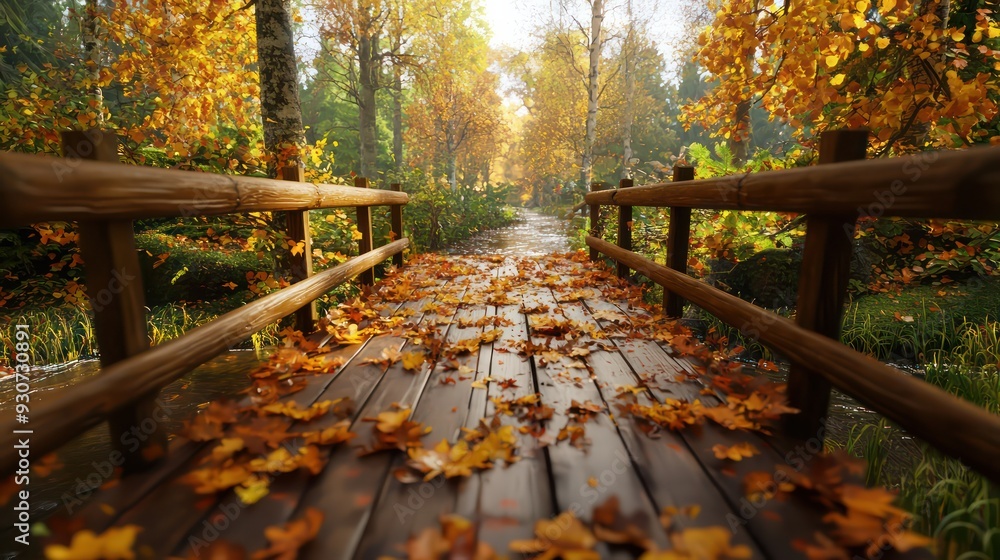 Poster A wooden bridge with a path of leaves on it. The leaves are falling from the trees and are scattered across the bridge. The scene is peaceful and serene, with the leaves creating a natural
