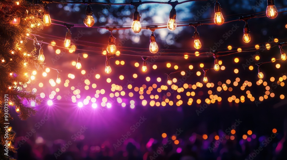 Poster A group of people are gathered under a string of lights, with the word 