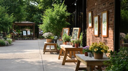 Fototapeta premium A brick building with a courtyard in front of it. There are several potted plants and a few benches