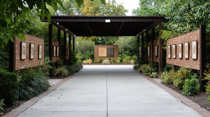 A long walkway with a series of paintings on the wall. The paintings are of different sizes and styles, and they are arranged in a way that creates a sense of depth and movement