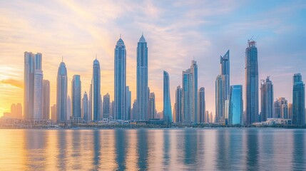 Fototapeta premium Cityscape with towering buildings at sunset
