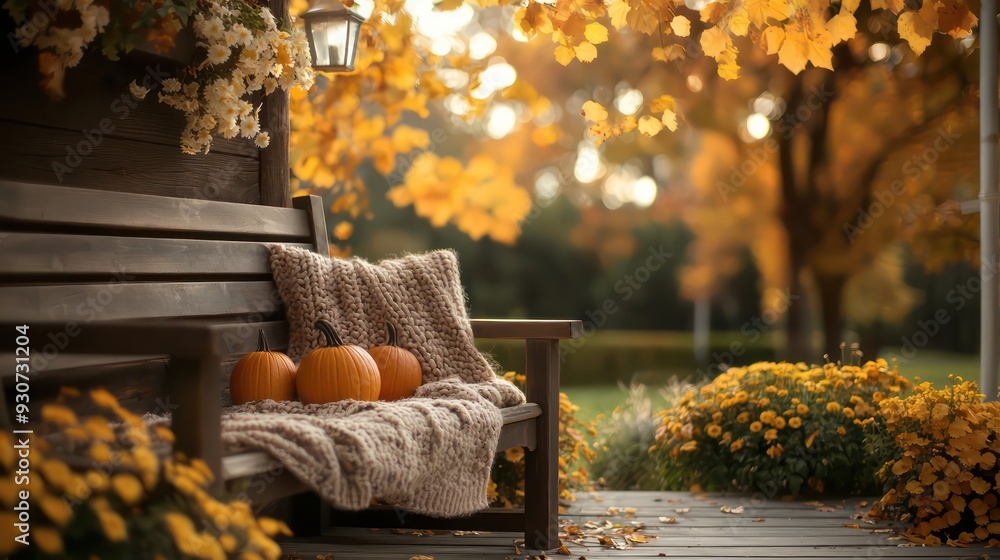 Poster a bench with a blanket on it and three pumpkins on it. the scene is set in a yard with trees and flo