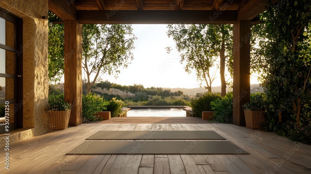 Aufkleber A wooden deck with a pool and a view of the mountains. The deck is surrounded by trees and has a peaceful, relaxing atmosphere