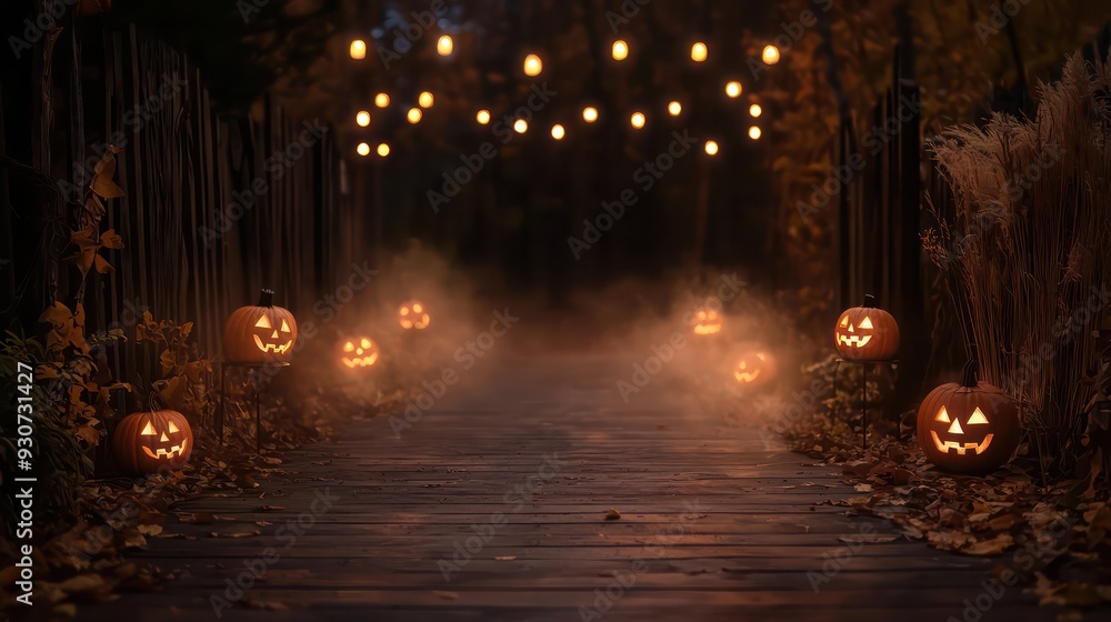 Aufkleber a path with a wooden bridge and a trail of pumpkins. the pumpkins are lit up and there is a misty fo