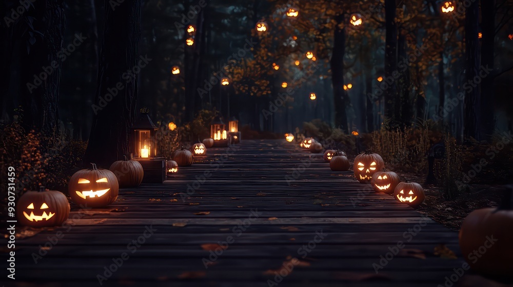 Poster A path is lit up with pumpkins and lanterns, creating a spooky and eerie atmosphere