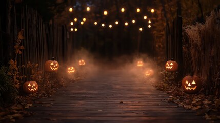 A path with a wooden bridge and a trail of pumpkins. The pumpkins are lit up and there is a misty fog in the air