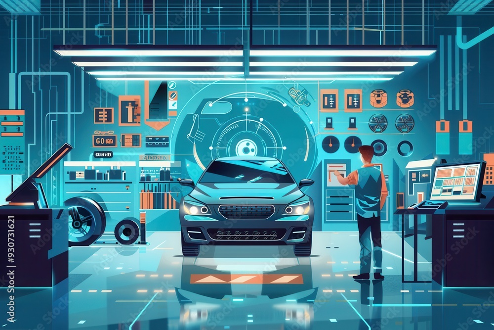 Aufkleber a mechanic conducts a computer diagnosis and works on engine repairs in a well-equipped automotive w