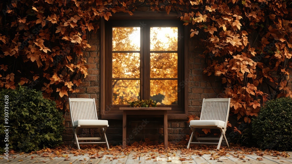 Poster A window with a view of trees and a brick wall. There are two white chairs in front of the window
