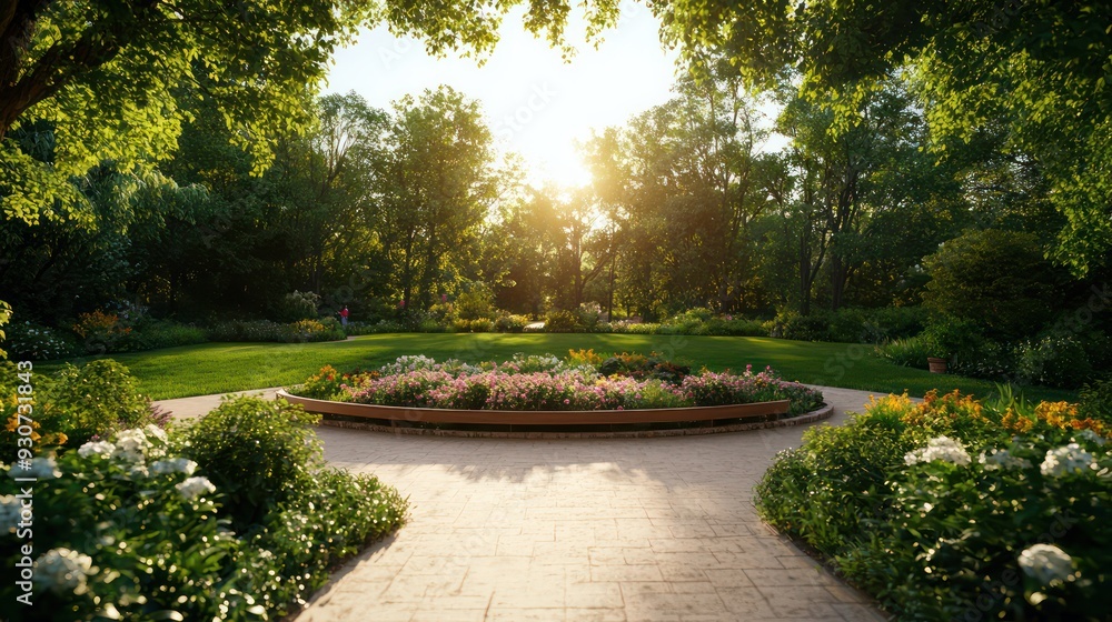 Poster a beautiful garden with a path and flowers. the sun is shining brightly, creating a warm and invitin