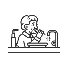 Elderly Man Brushing Teeth at Bathroom Sink