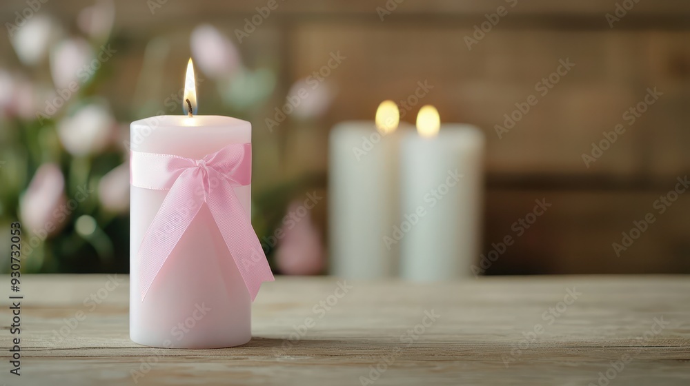 Poster a candle with a pink ribbon is lit on a wooden table. the candle is surrounded by pink flowers, whic