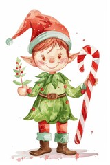 Christmas fairy tale character elf watercolor illustration. Magic fairytale elf print for clothes, stationery, books. Christmas and New Year. Santa's helper. Postcard