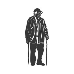 Elderly man in cap and jacket walking with two canes