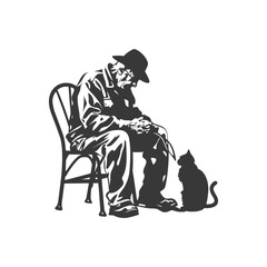 Elderly Man in Hat Sitting on a Chair with a Cat