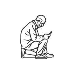 Elderly Man Kneeling and Using a Smartphone