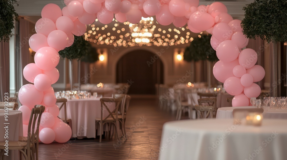 Poster a pink archway is decorated with balloons and lights. the room is filled with tables and chairs, and