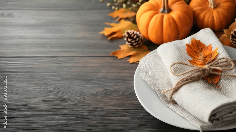 Poster A table setting with a white napkin and a leafy orange pumpkin on top. The napkin is tied with a brown string