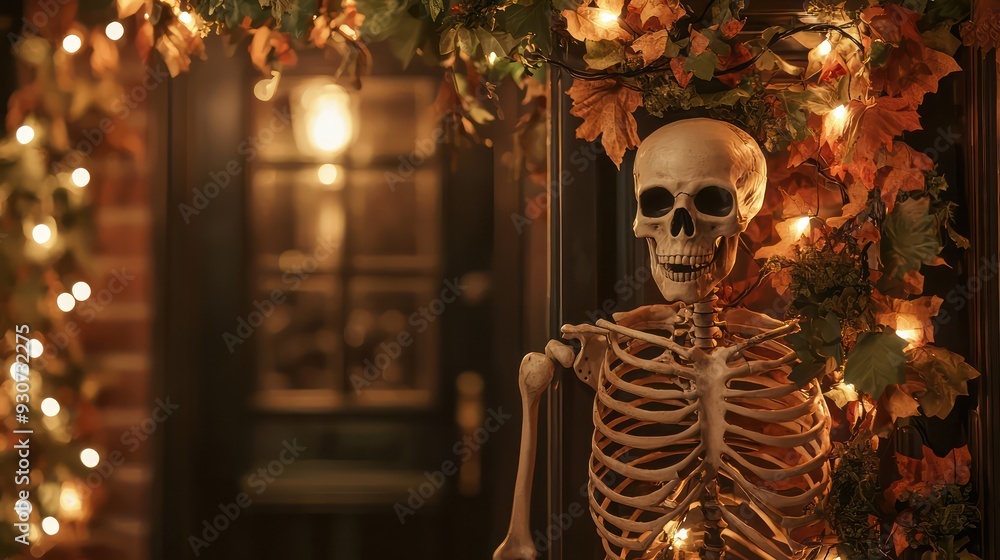 Poster a skeleton is standing in front of a house with lights on. the skeleton is wearing a black shirt and