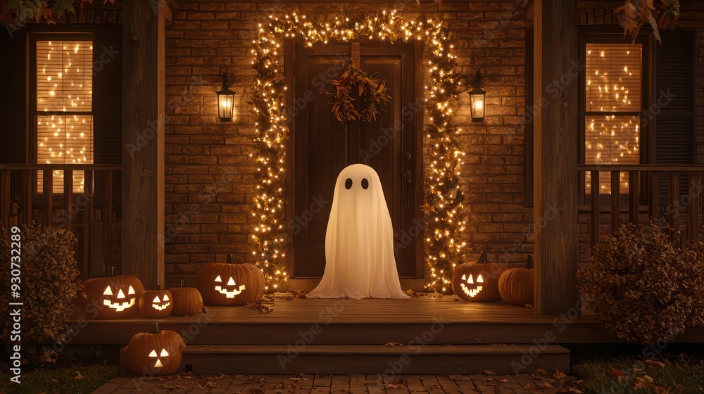 Poster A ghost stands in front of a house with a pumpkin patch in front of it. The house is lit up with lights and the ghost is surrounded by pumpkins. Scene is spooky and eerie