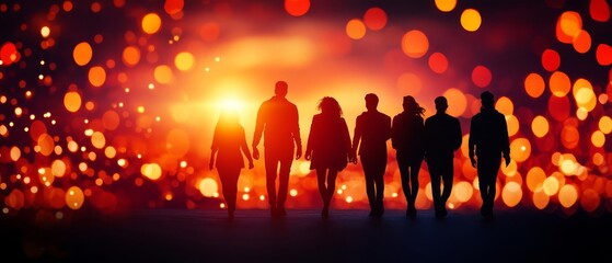 A diverse group of people walking forward together on a path lined with bright lights, symbolizing societal progress and unity, societal progress, unity, diversity, advancement